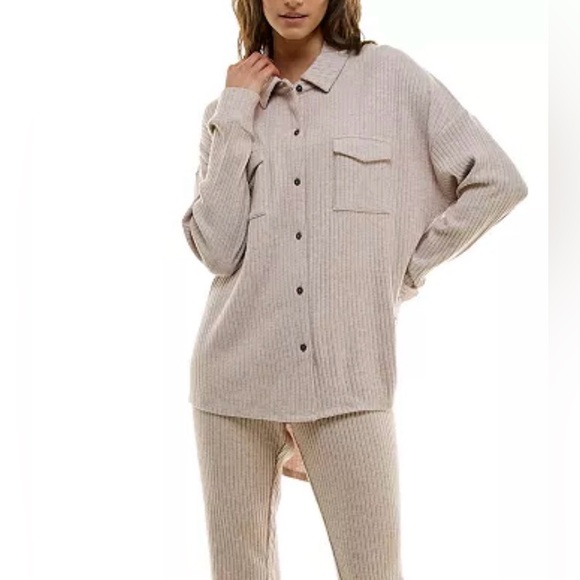 Roudelain Other - Roudelain Women's Ribbed Sweater-Knit Sleep Tunic Button-Up Top Light Taupe Med